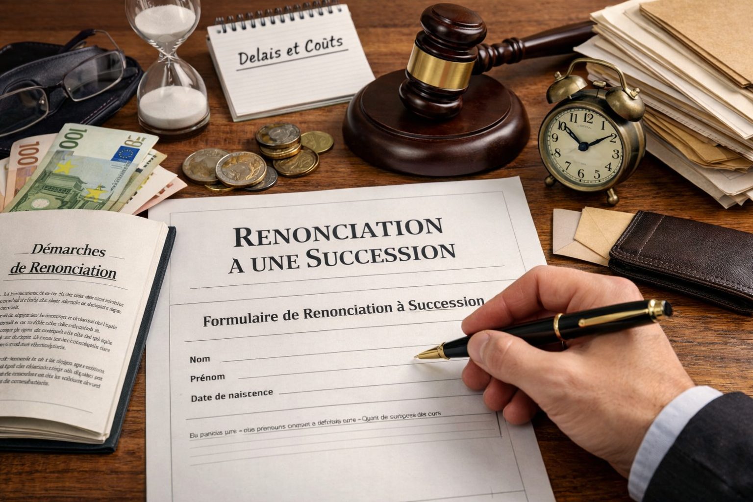 Renonciation à une succession avec formulaire, documents juridiques, délai et coût sur un bureau