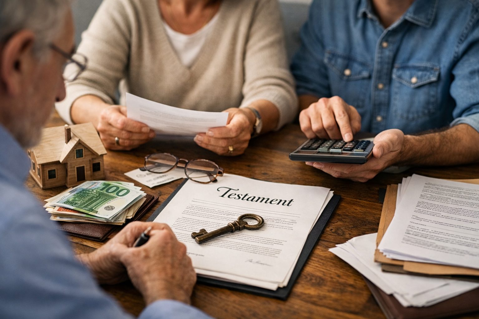 Héritiers réunis autour de documents de succession, d’une clé, d’une maison miniature et de billets en euros pour illustrer les démarches d’une succession sans notaire