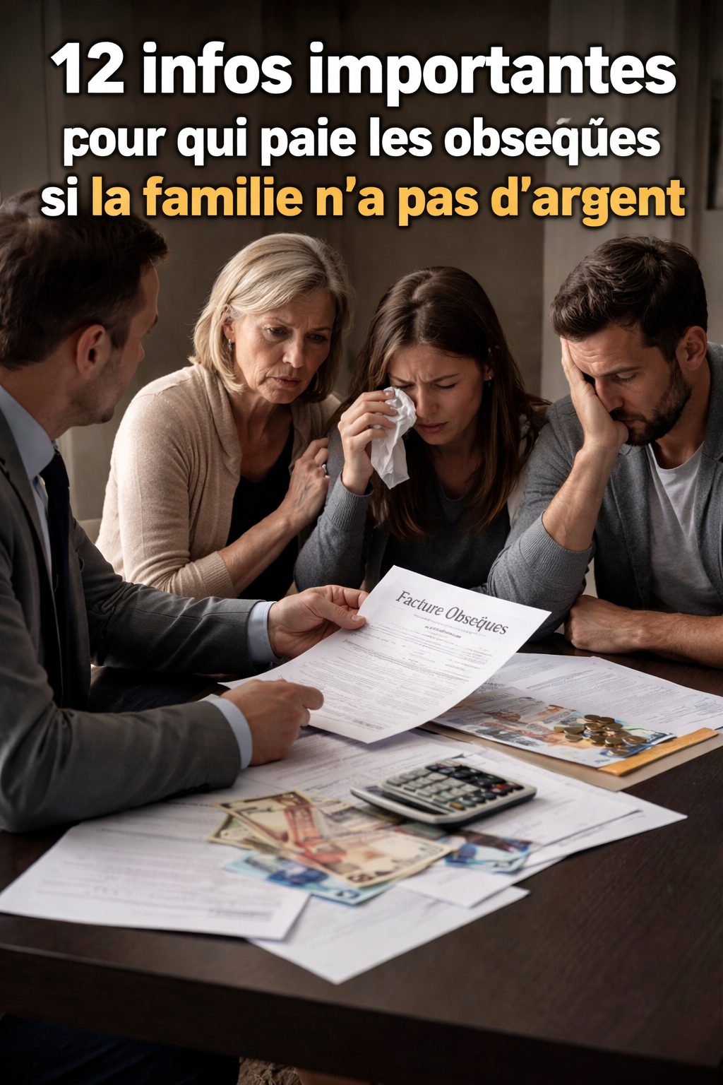 Famille en deuil avec un conseiller funéraire cherchant qui paie les obsèques si la famille n’a pas d’argent