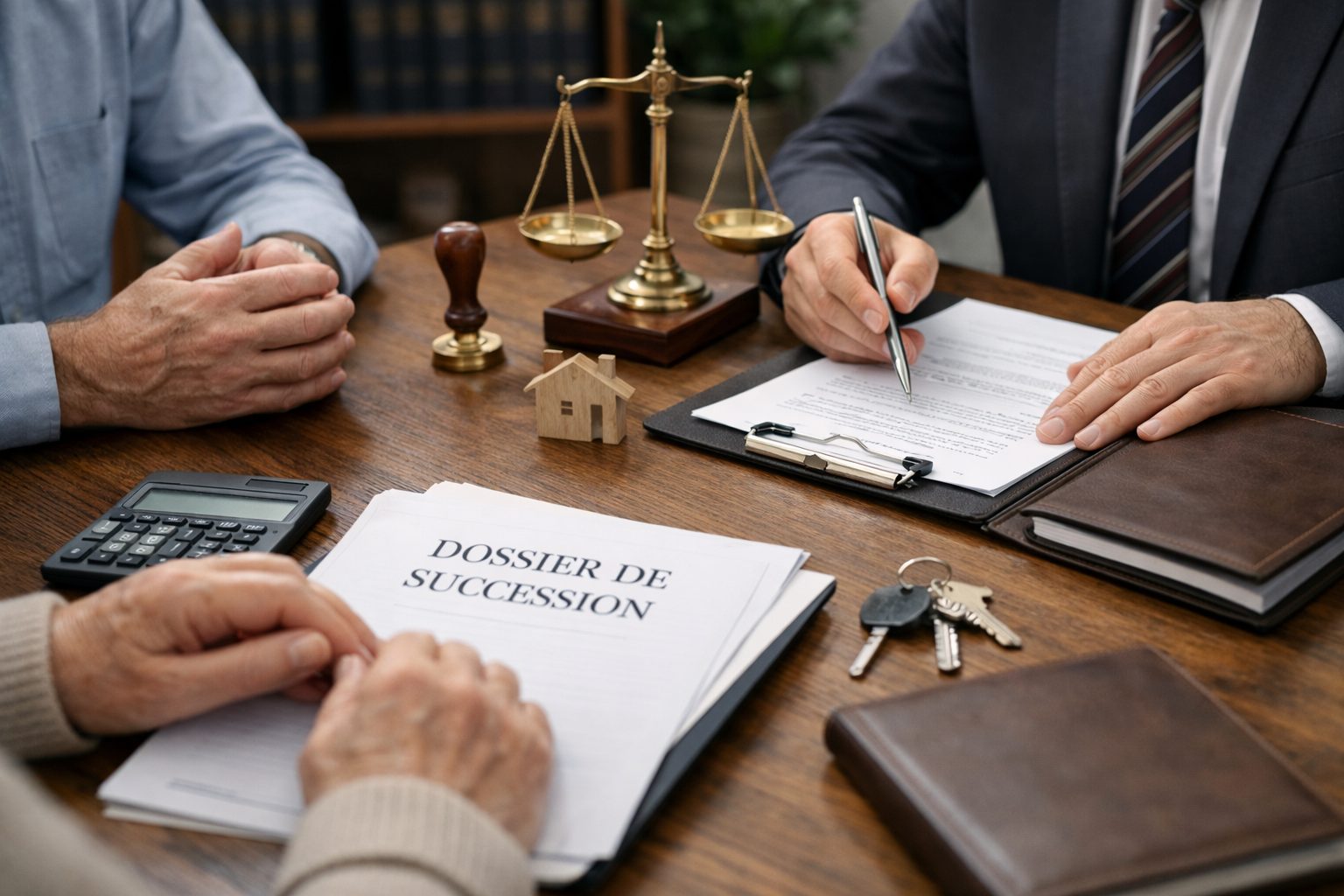 Choisir un notaire pour une succession lors d’un rendez-vous avec documents, calculatrice et clés sur un bureau