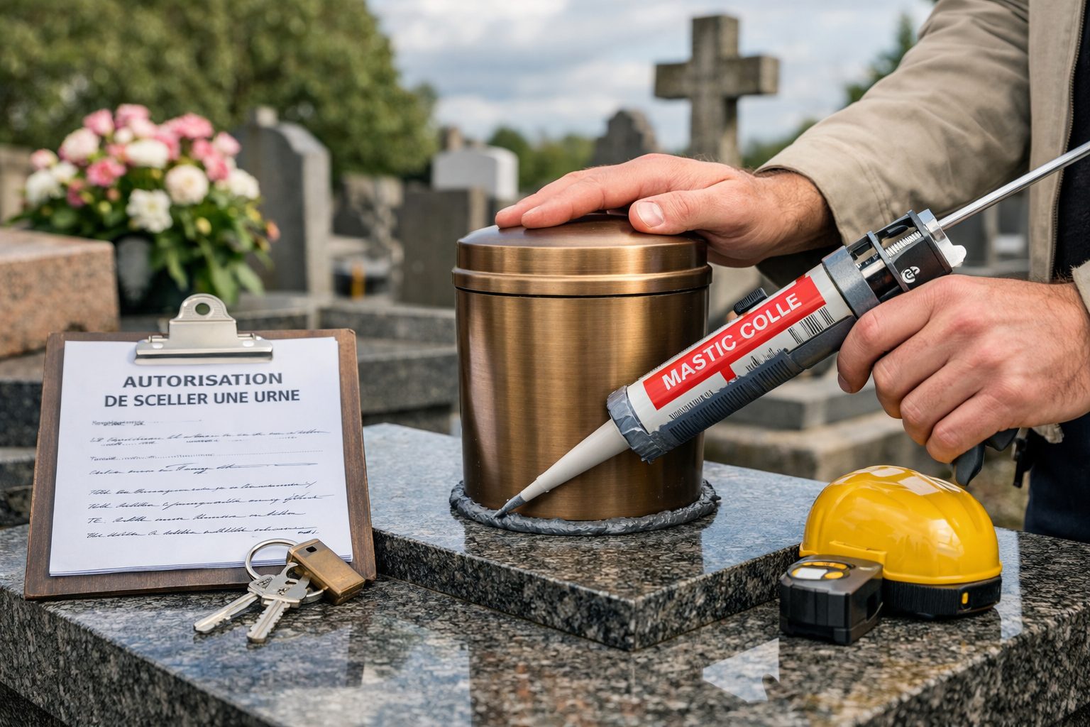 Scellement d une urne funéraire sur un monument dans un cimetière avec document d autorisation