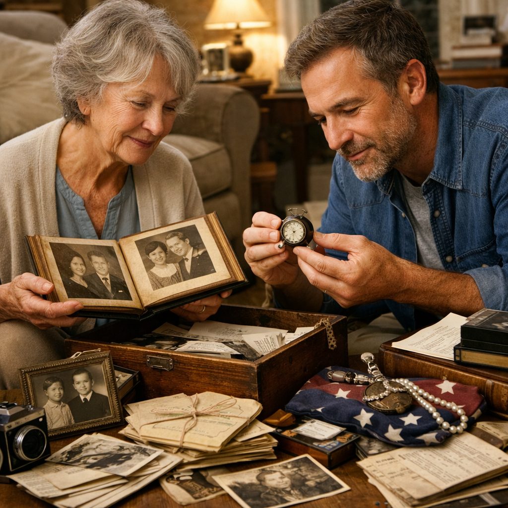 Deux proches trient avec soin des souvenirs familiaux après un décès, entre album photo, lettres anciennes et montre de famille.