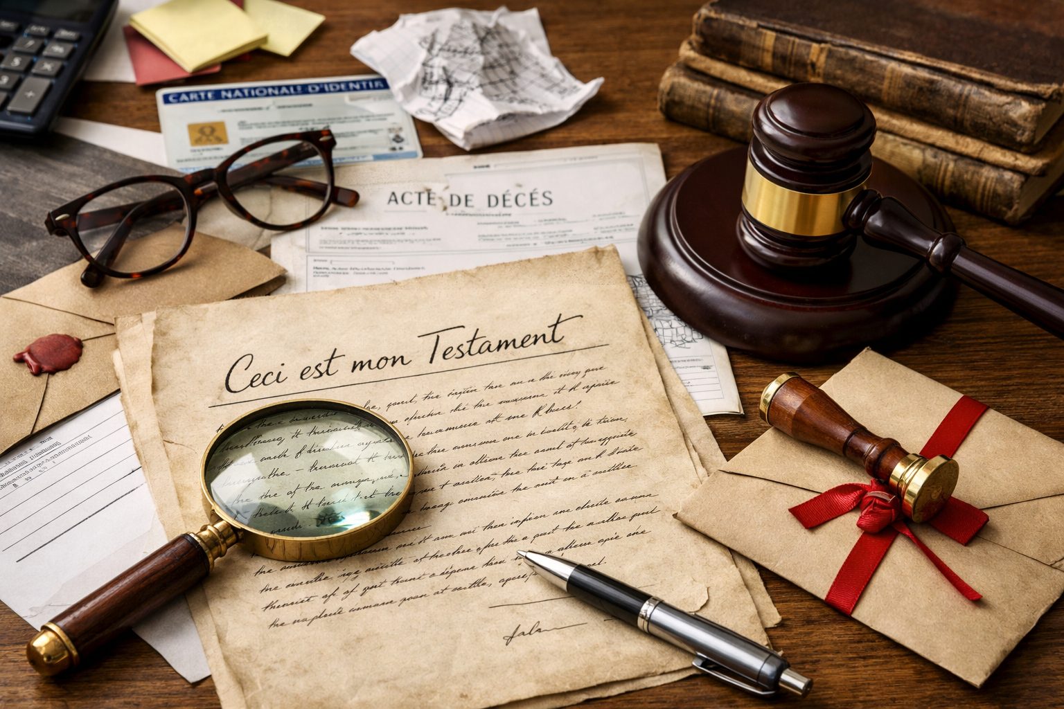 Testament olographe manuscrit sur un bureau avec loupe, cachet notarial et documents juridiques illustrant les erreurs à éviter pour le reconnaître et le faire enregistrer