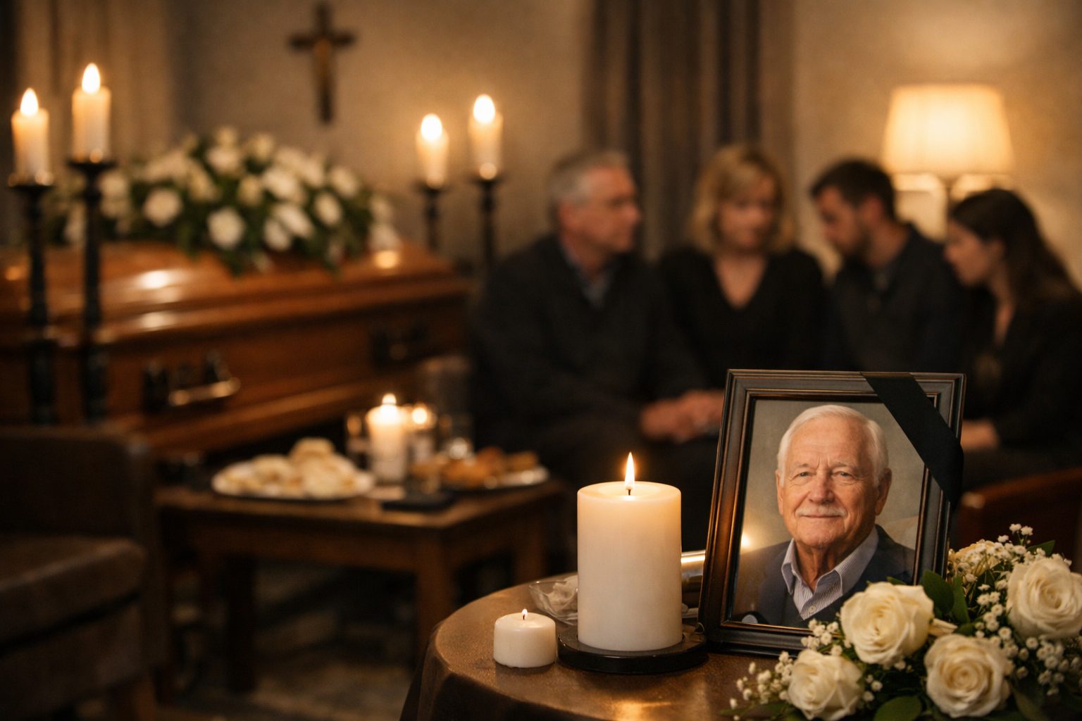 Veillée funèbre dans un salon avec portrait du défunt, bougies, fleurs blanches et proches réunis dans un moment de recueillement