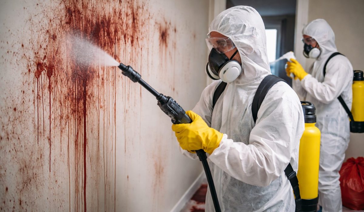 Équipe spécialisée en désinfection des murs après décès dans un logement avec équipements de protection