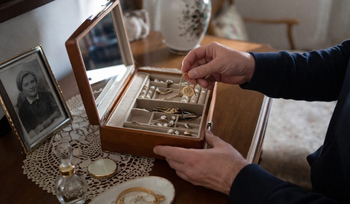 Personne triant avec précaution des bijoux dans un logement après un décès, avec écrin, documents et objets personnels sur une table
