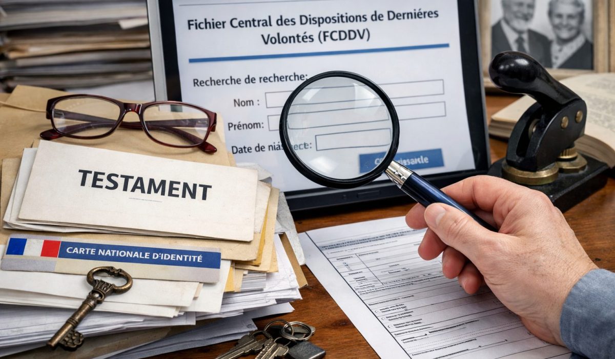 Recherche d’un testament via le FCDDV avec documents successoraux, loupe, notaire et dossier de succession