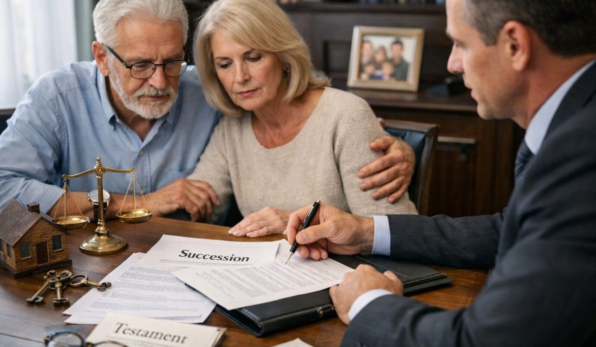 Avocat expliquant les droits des héritiers réservataires à un couple dans le cadre d’une succession