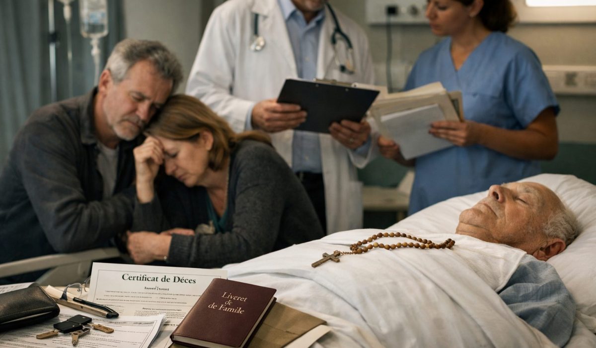 Décès à l’hôpital avec famille en deuil et documents administratifs à récupérer