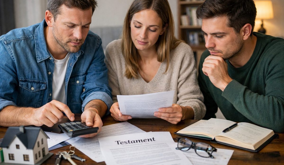 Trois frères et sœurs analysent des documents de succession avec une calculatrice autour d’une table