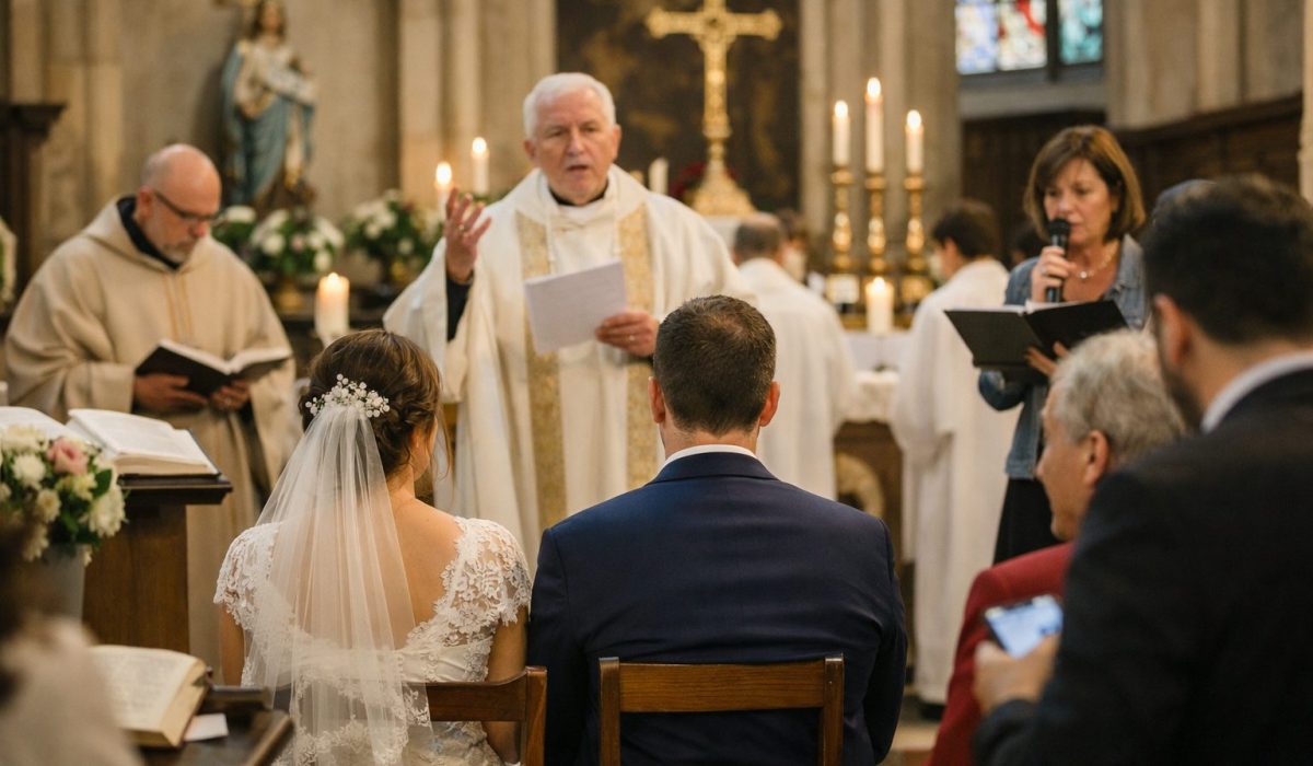 Cérémonie religieuse dans une église avec prêtre, mariés et invités lors de l’organisation d’un office avec la paroisse