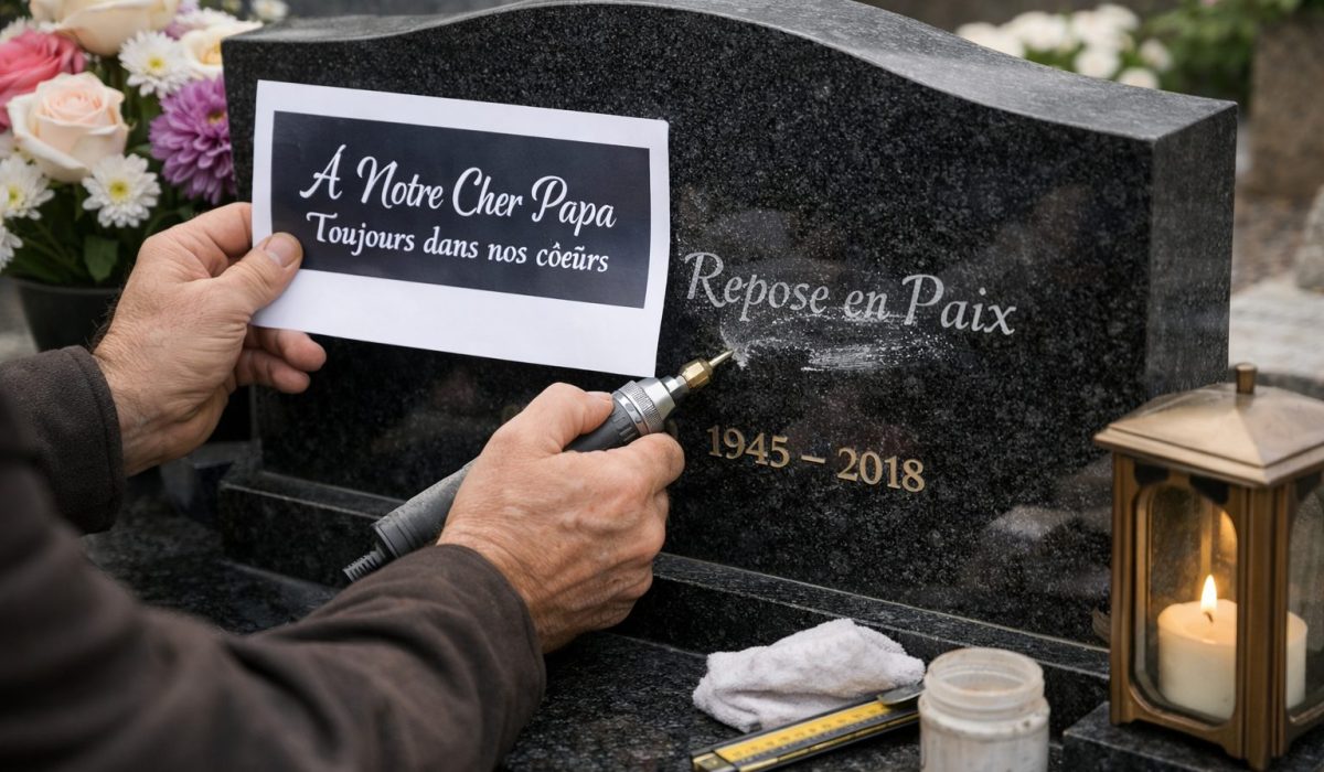 Modification d’une inscription funéraire sur un monument en granit noir dans un cimetière