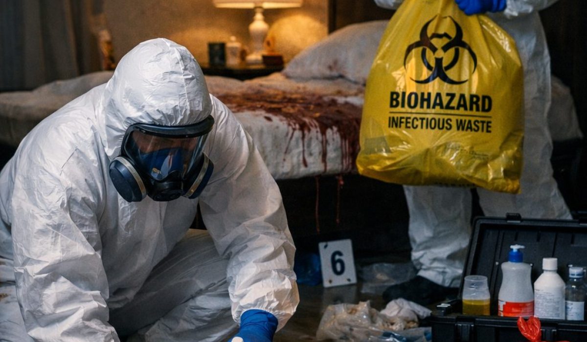 Équipe spécialisée en nettoyage de traces biologiques après décès intervenant dans une chambre avec équipement de protection intégrale
