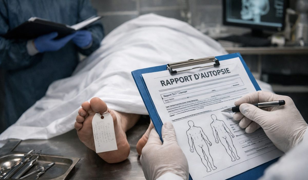 Médecin légiste consultant un rapport d’autopsie dans une salle médico-légale pour illustrer la procédure d’obtention du document