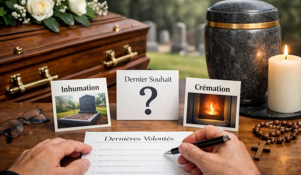 Choisir entre inhumation et crémation selon la volonté du défunt avec cercueil, urne funéraire et document de dernières volontés