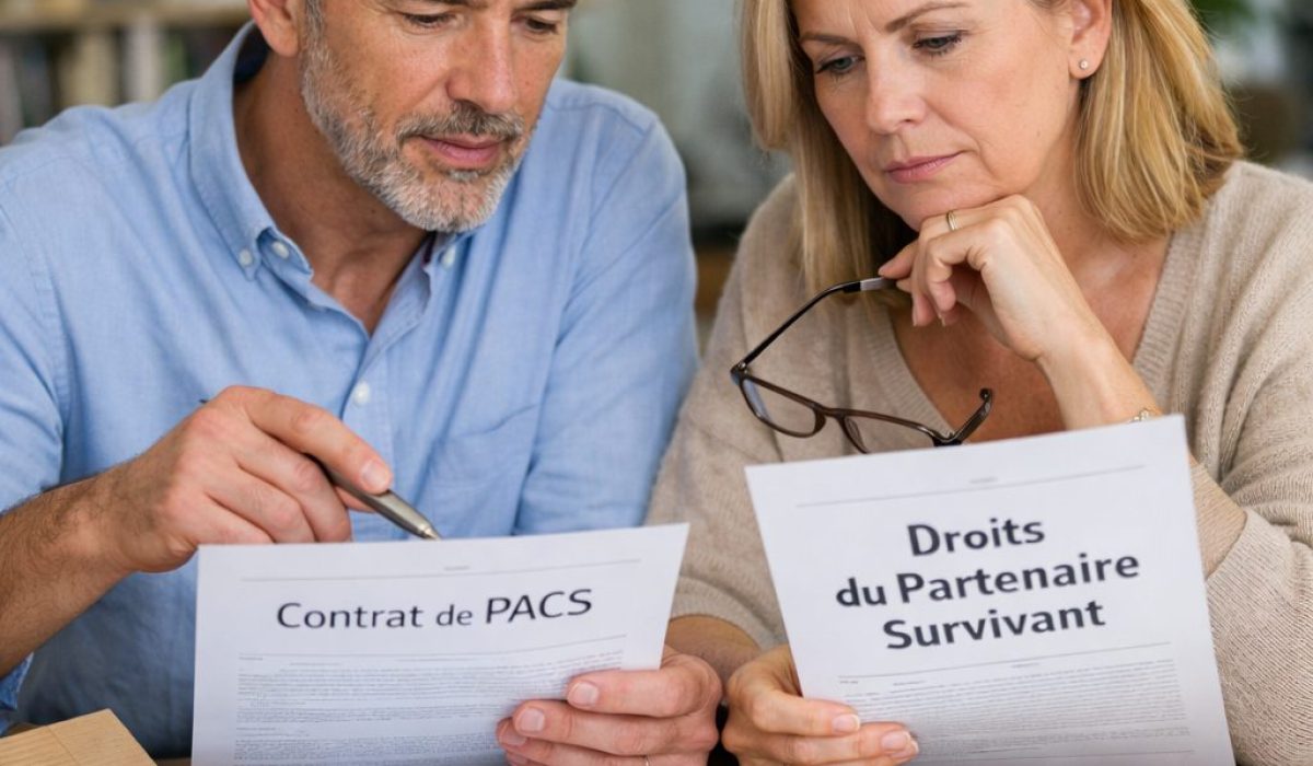 Couple consultant des documents sur les droits du partenaire survivant en cas de succession avec un PACS