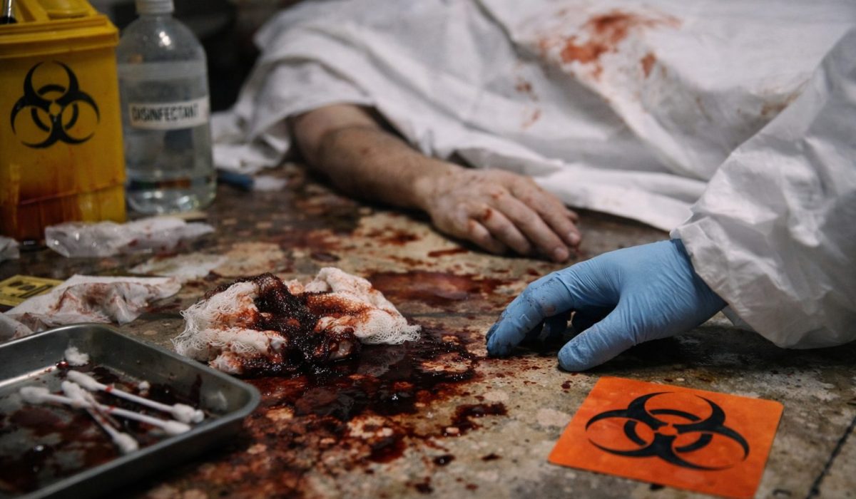 Intervenant équipé de gants et de protection manipulant une scène de contamination biologique après décès dans un cadre médicalisé