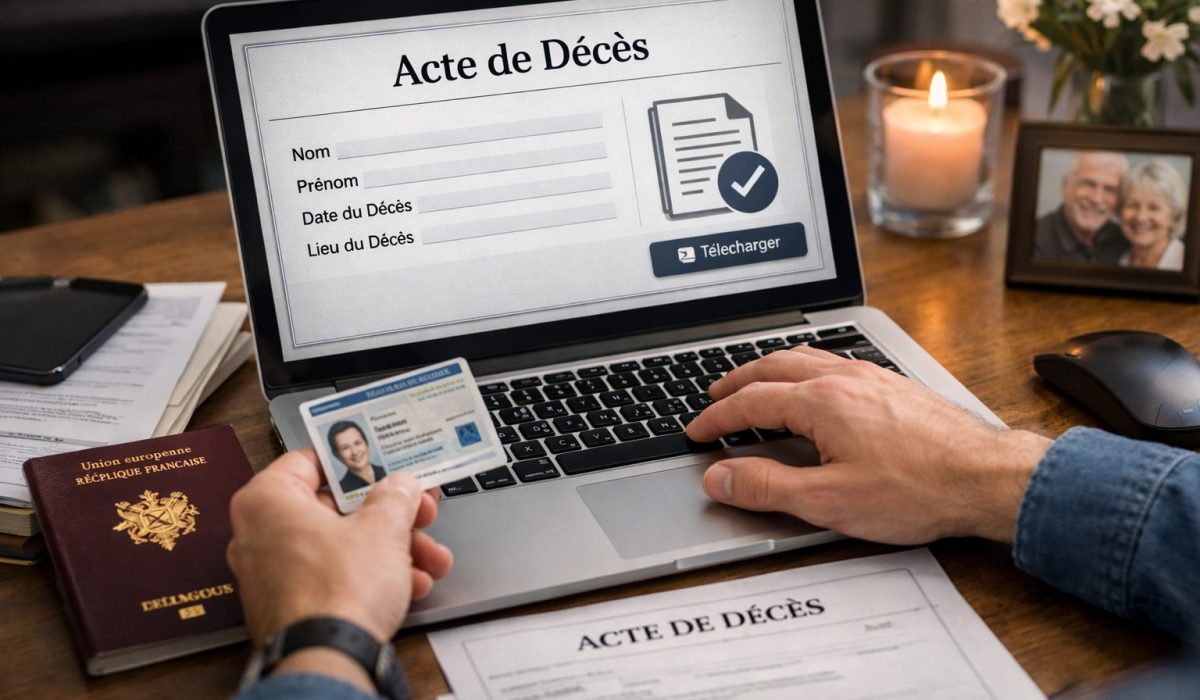 Personne effectuant une demande d’acte de décès en ligne sur un ordinateur avec documents administratifs à proximité