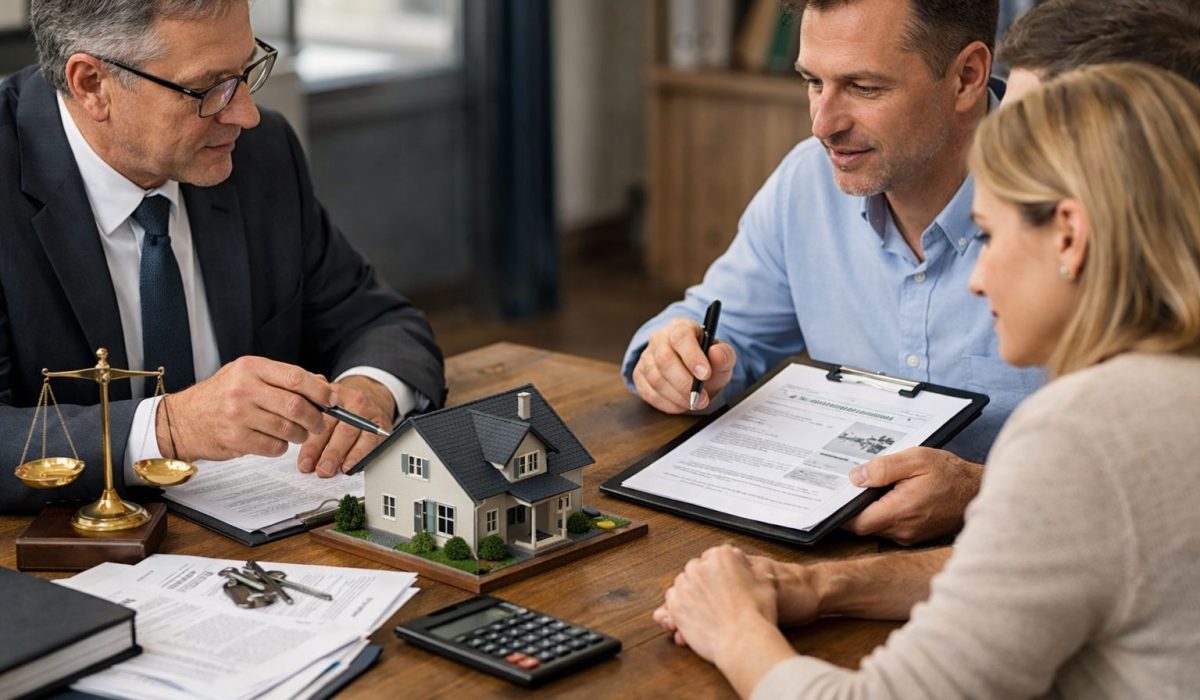Notaire et expert immobilier évaluant la valeur d’une maison en succession avec des héritiers autour d’une table
