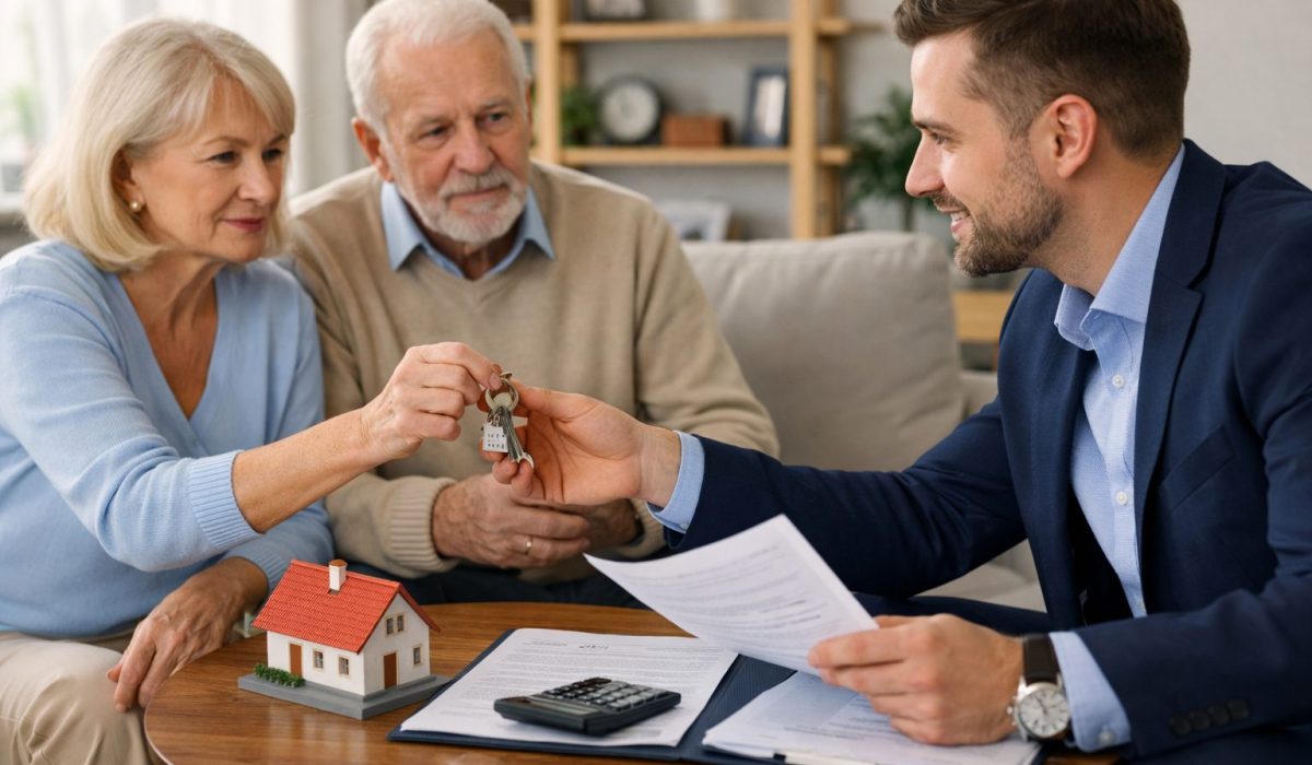 Couple senior avec un conseiller patrimonial pour payer des droits de succession avec un bien dans le cadre d’une dation
