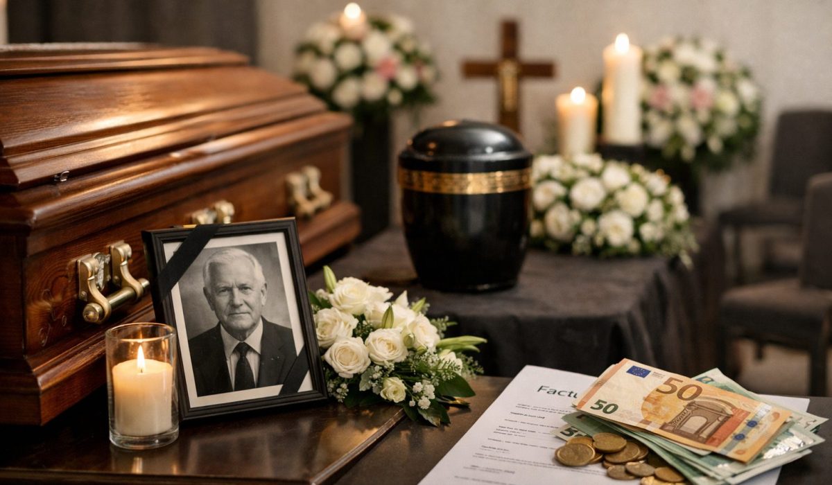 Chambre funéraire avec cercueil, fleurs, portrait du défunt et documents liés au coût des obsèques