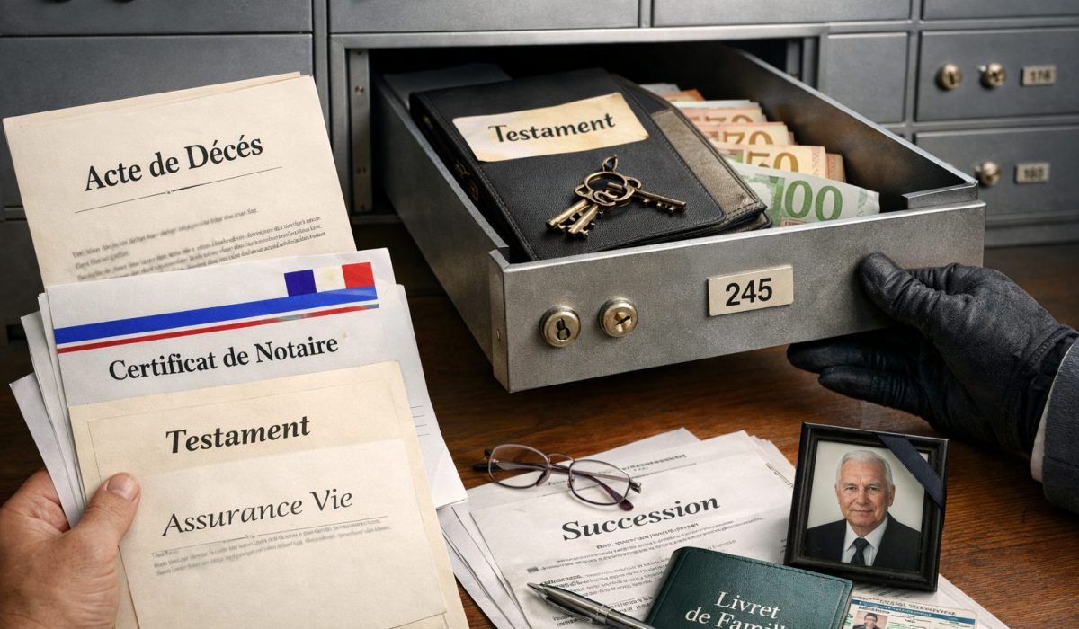 Accès à un coffre-fort bancaire après décès avec documents de succession, acte de décès, certificat de notaire et testament