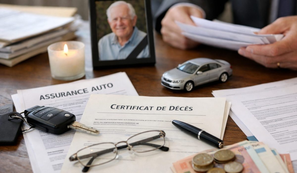 Documents d’assurance auto, certificat de décès et clés de voiture pour illustrer les démarches à effectuer pour le véhicule après un décès