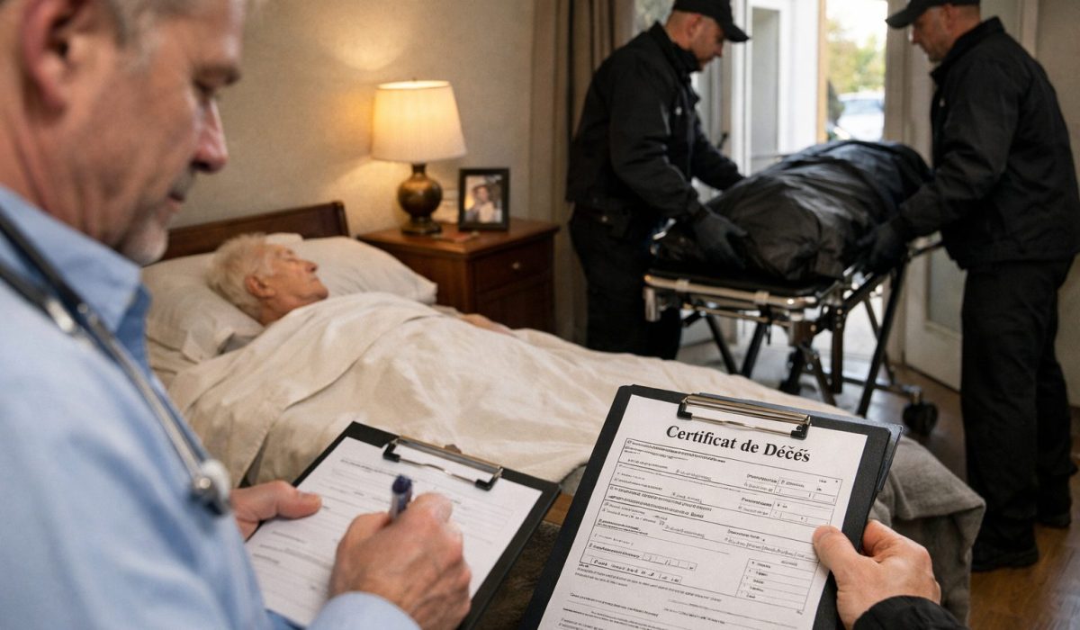 Médecin constatant un décès à domicile pendant la rédaction du certificat de décès avant le transport du corps par les pompes funèbres