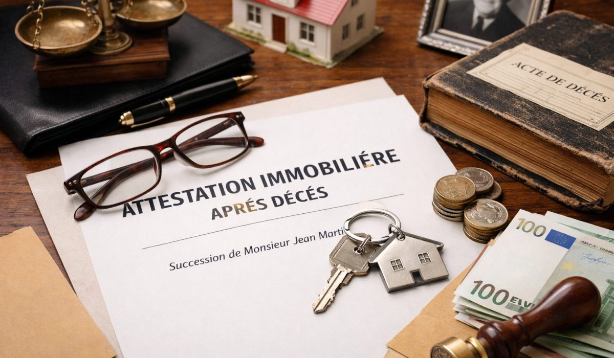 Document d’attestation immobilière après décès avec clés de maison, documents notariaux, argent et objets de succession sur un bureau en bois