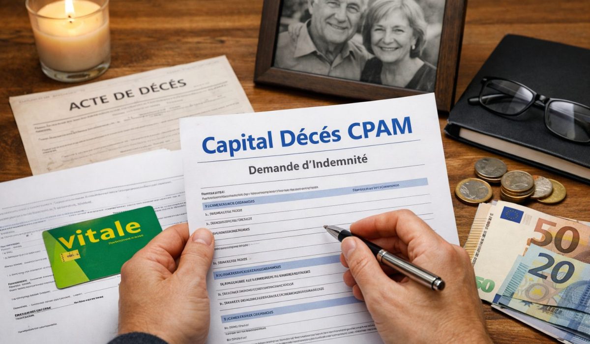 Demande de capital décès CPAM avec formulaire, carte Vitale, acte de décès et documents administratifs sur une table