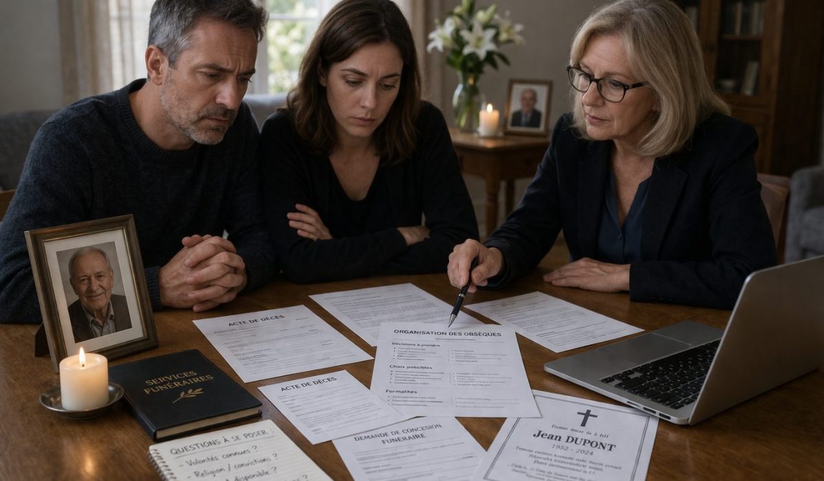 Famille en discussion avec un conseiller funéraire pour décider des obsèques d’un défunt sans consignes écrites