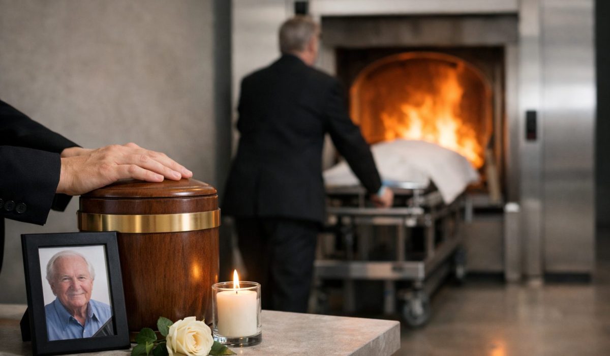 Urne funéraire, bougie et photo hommage au premier plan dans un crématorium lors d’une crémation