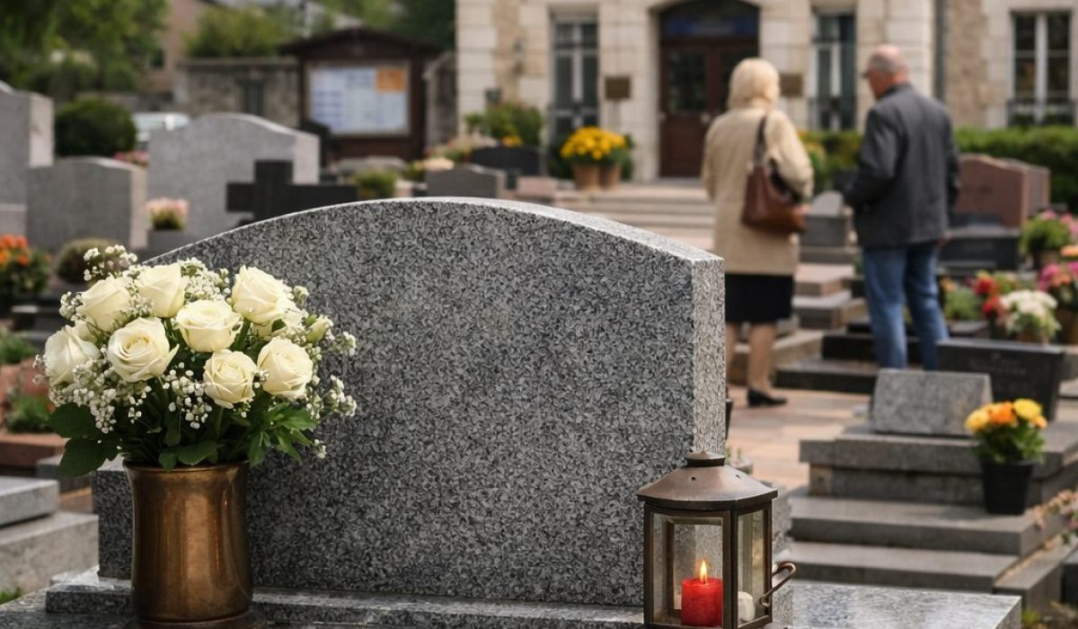 Concession funéraire dans un cimetière avec tombe en granit devant une mairie française