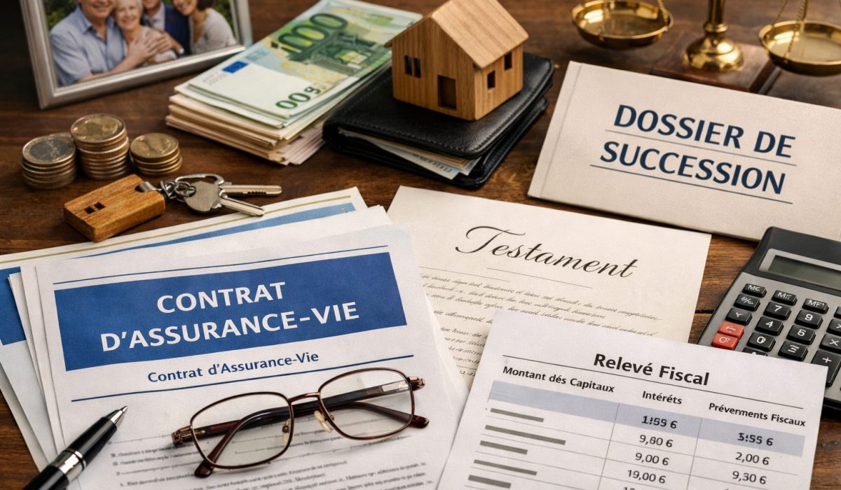 Documents d’assurance-vie, dossier de succession, testament et relevé fiscal sur un bureau illustrant la fiscalité de l’assurance-vie après décès