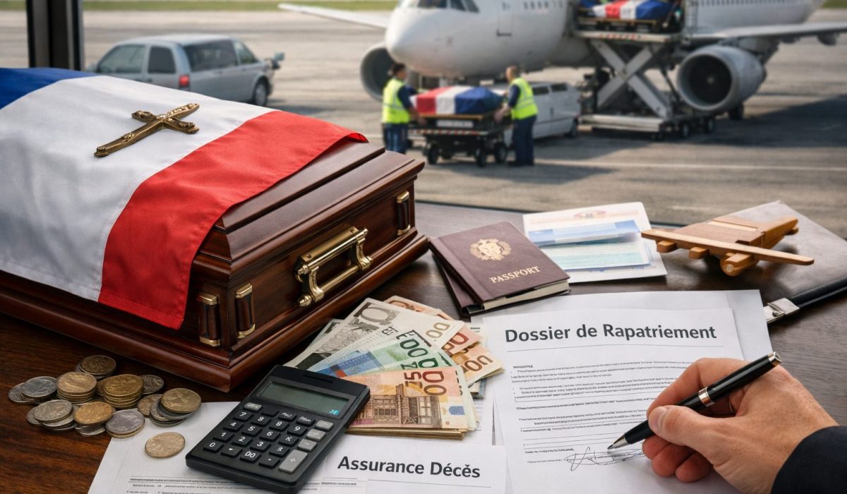 Cercueil lors d’un rapatriement de corps à l’aéroport avec documents d’assurance, passeport et calcul des frais funéraires