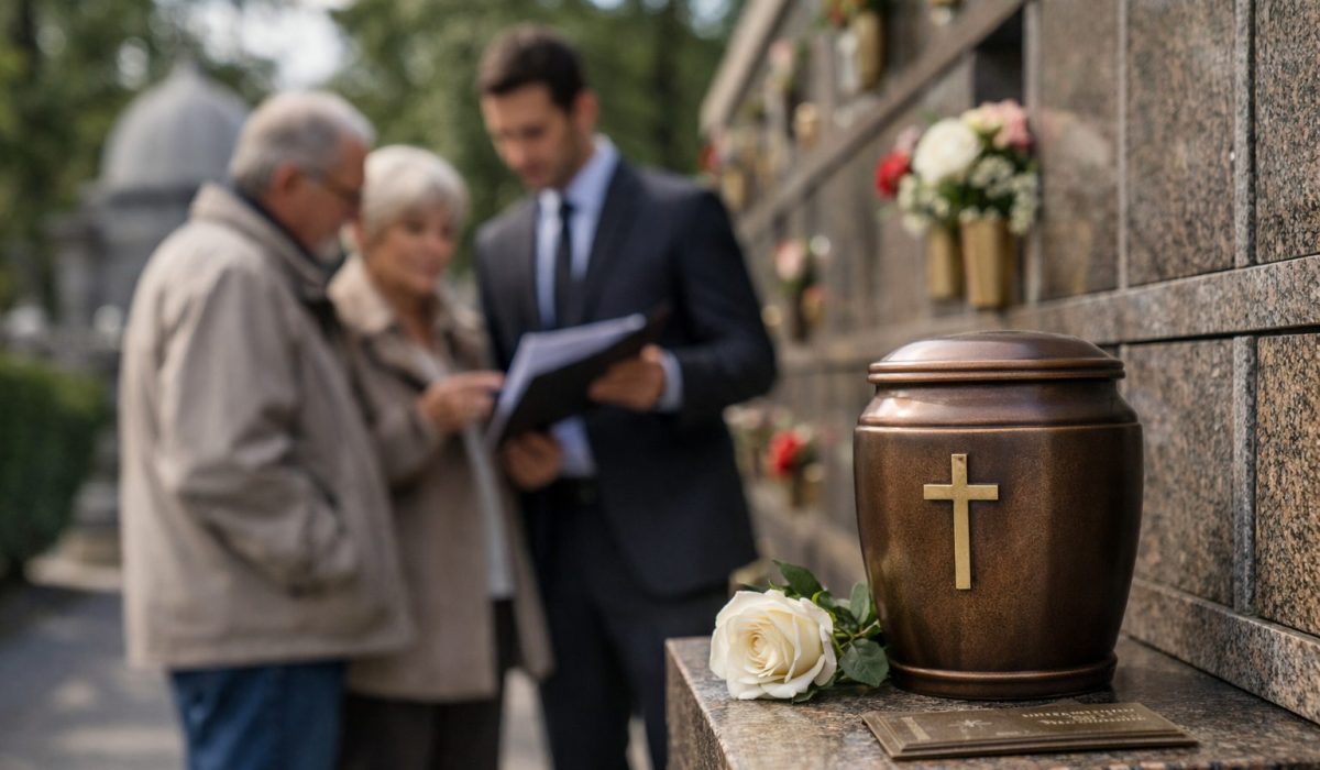 Urne funéraire devant un columbarium avec une famille en échange avec un conseiller sur l’obtention d’une case et la durée de concession