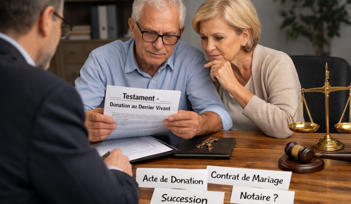 Couple senior en rendez-vous chez un notaire pour vérifier l’existence d’une donation au dernier vivant