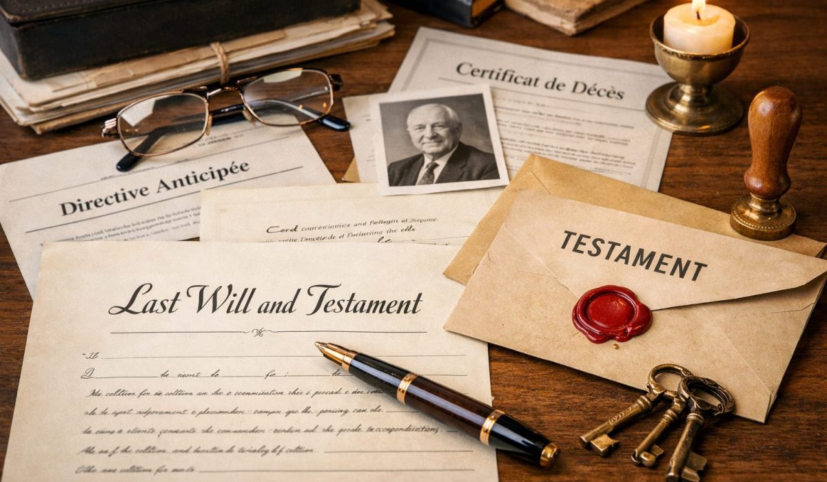 Documents liés à la volonté du défunt avec testament, directives anticipées, contrat obsèques, certificat de décès, clés anciennes et stylo sur un bureau en bois