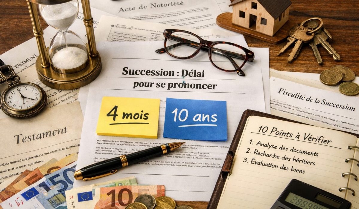 Documents de succession avec les repères 4 mois et 10 ans, illustrant les délais pour se prononcer sur un héritage