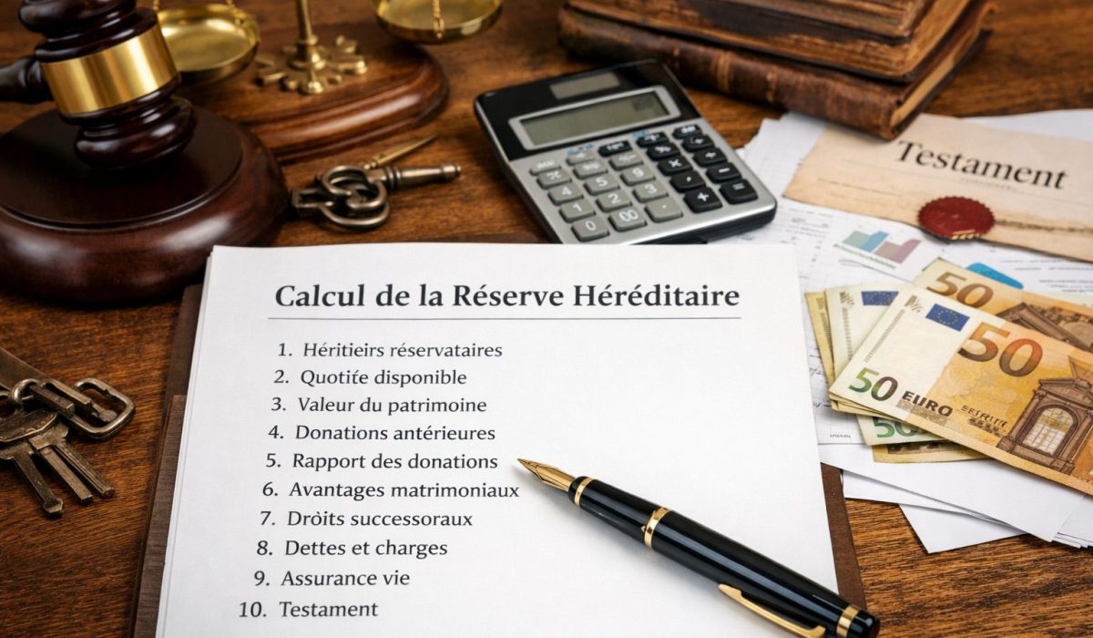 Documents de succession, calculatrice, testament, clés et billets en euros pour illustrer les 10 points à vérifier afin de calculer simplement la réserve héréditaire