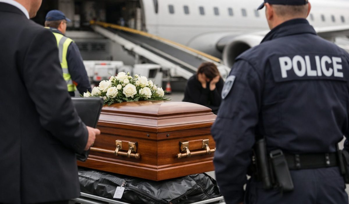 Rapatriement d’un corps depuis l’étranger à l’aéroport avec cercueil, personnel funéraire et autorités sur le tarmac