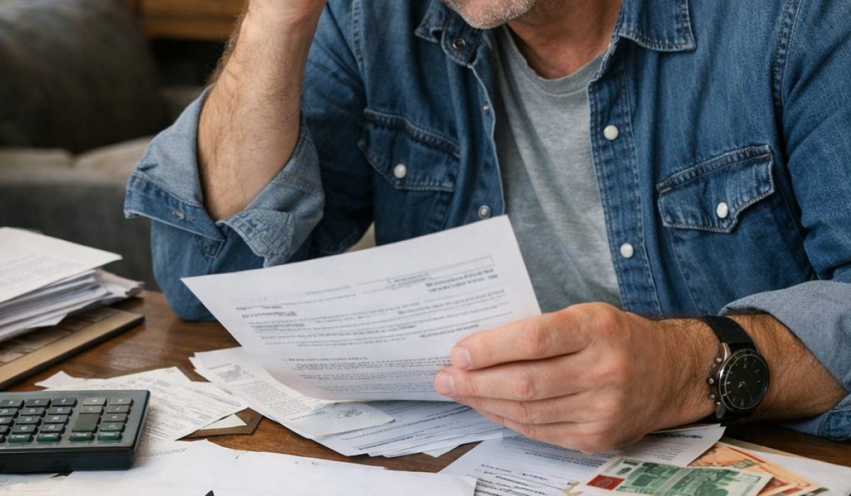 Héritier inquiet consultant des documents de succession et des factures impayées pour éviter les risques de dettes liés à l’acceptation pure et simple de la succession