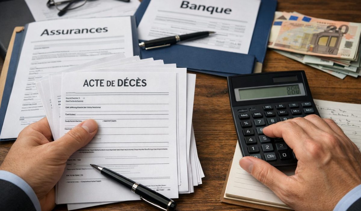 Plusieurs exemplaires d’un acte de décès posés sur un bureau avec des documents de banque et d’assurances
