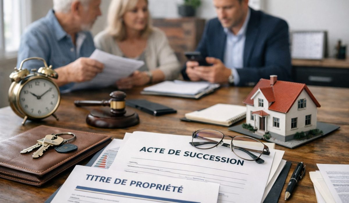 Vente d’un bien immobilier en succession avec documents notariés, clés, maison miniature et héritiers en discussion