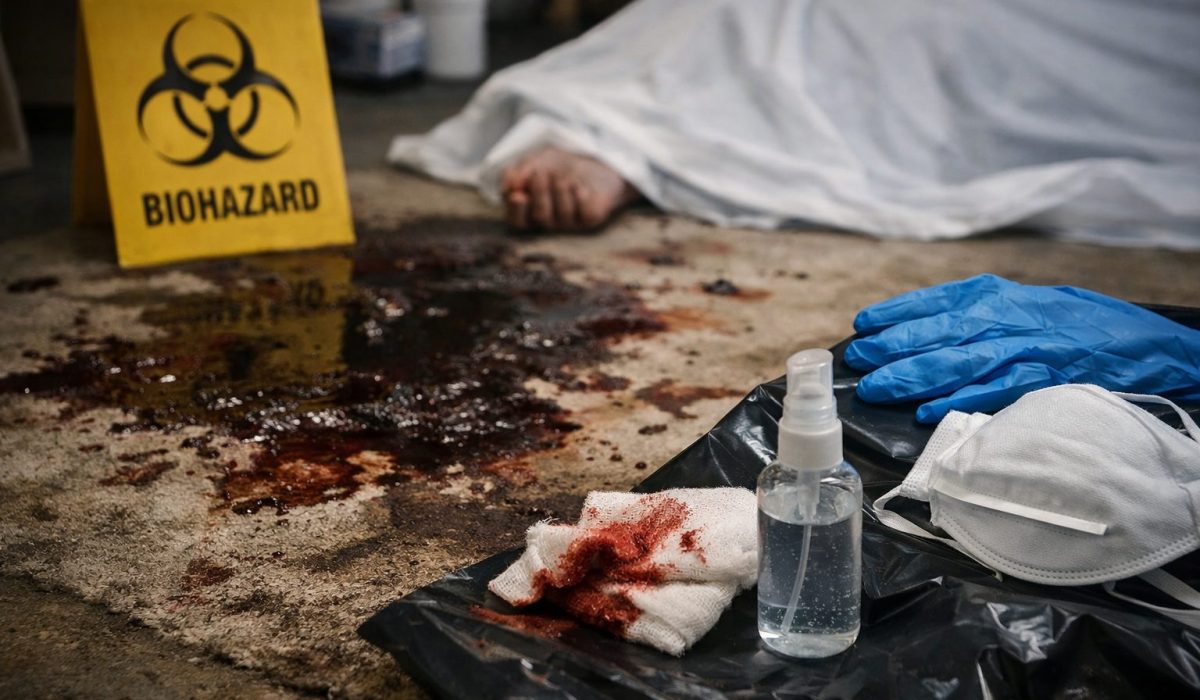 Illustration réaliste des dangers des fluides biologiques après décès dans un logement avec traces biologiques, équipements de protection et zone contaminée