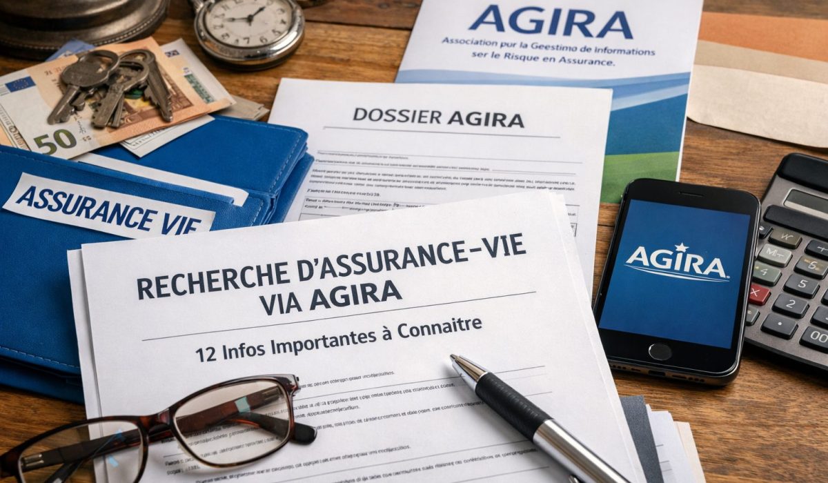 Documents liés à la recherche d’une assurance-vie via AGIRA avec dossier, formulaire, smartphone et calculatrice sur un bureau