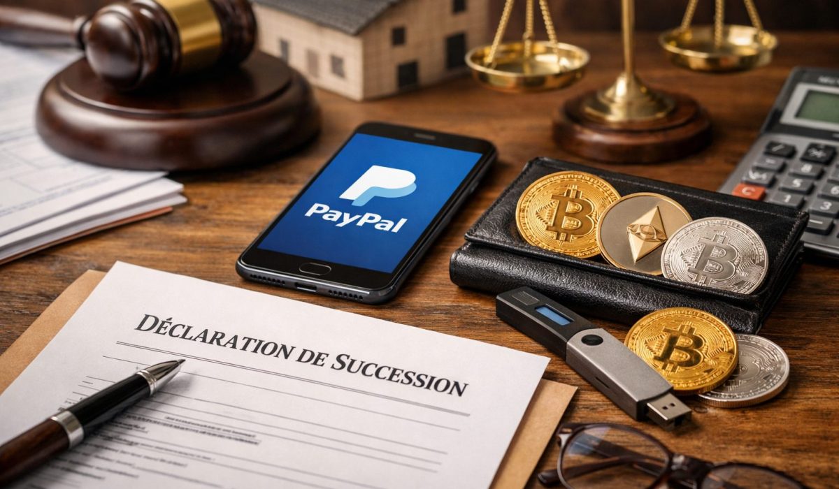 Déclaration de succession avec smartphone PayPal, crypto-actifs, portefeuille numérique et documents juridiques sur un bureau