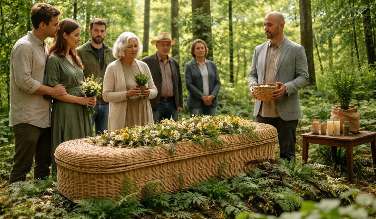 Cérémonie d’obsèques écologiques en France avec cercueil en fibres naturelles et hommage sobre en pleine nature
