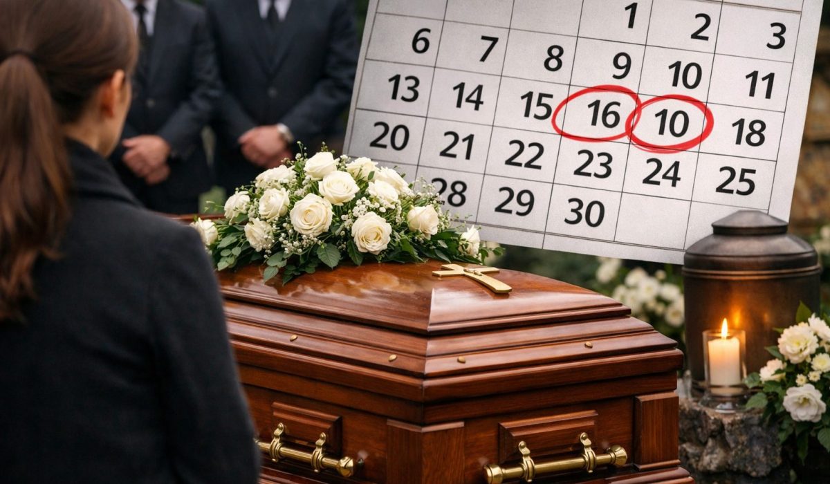 Délai maximum entre un décès et l’enterrement ou la crémation illustré lors de funérailles avec cercueil, urne et calendrier