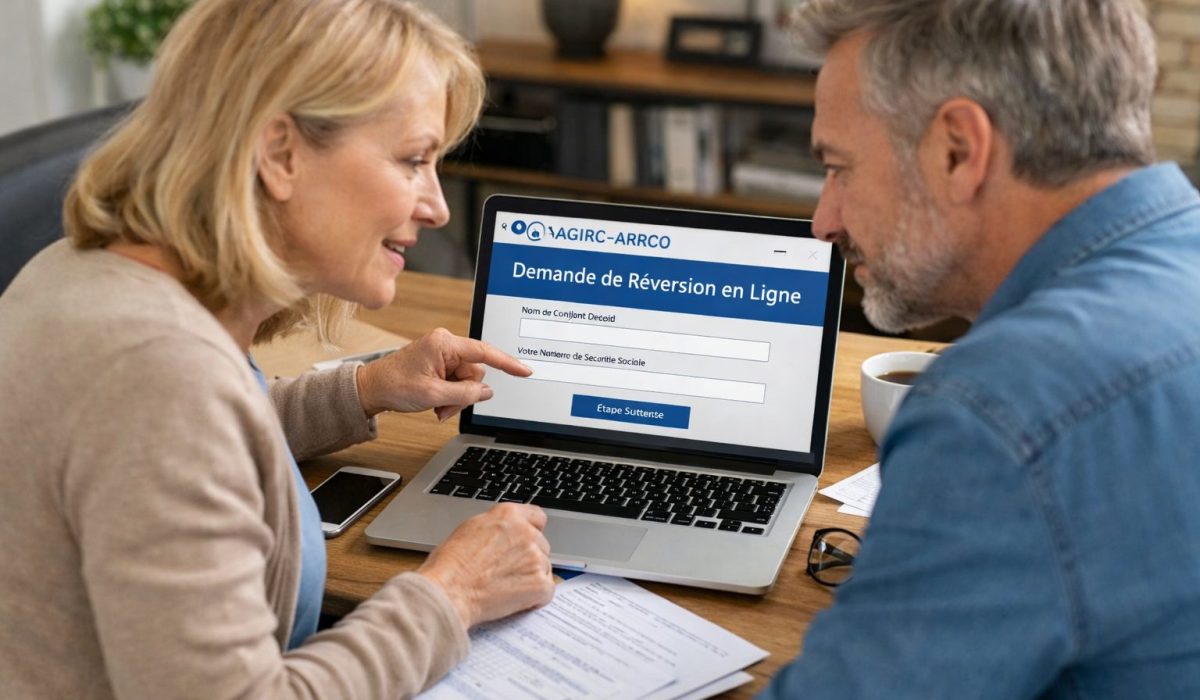 Couple senior consultant une demande de réversion AGIRC-ARRCO en ligne sur un ordinateur portable à domicile